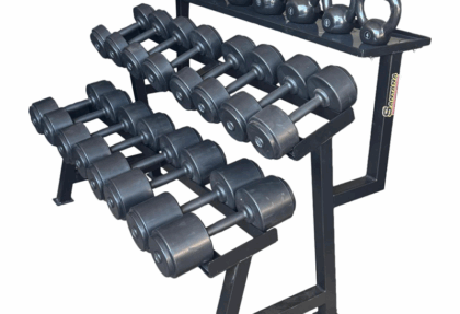 SUPORTE DE DUMBELLS 8 PARES + KETTLEBELL