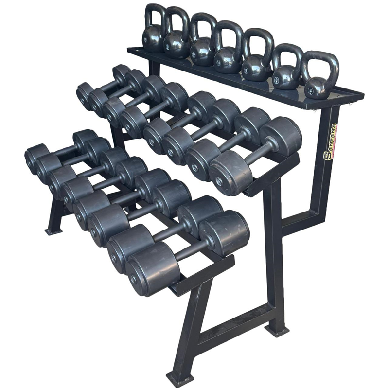 SUPORTE DE DUMBELLS 8 PARES + KETTLEBELL
